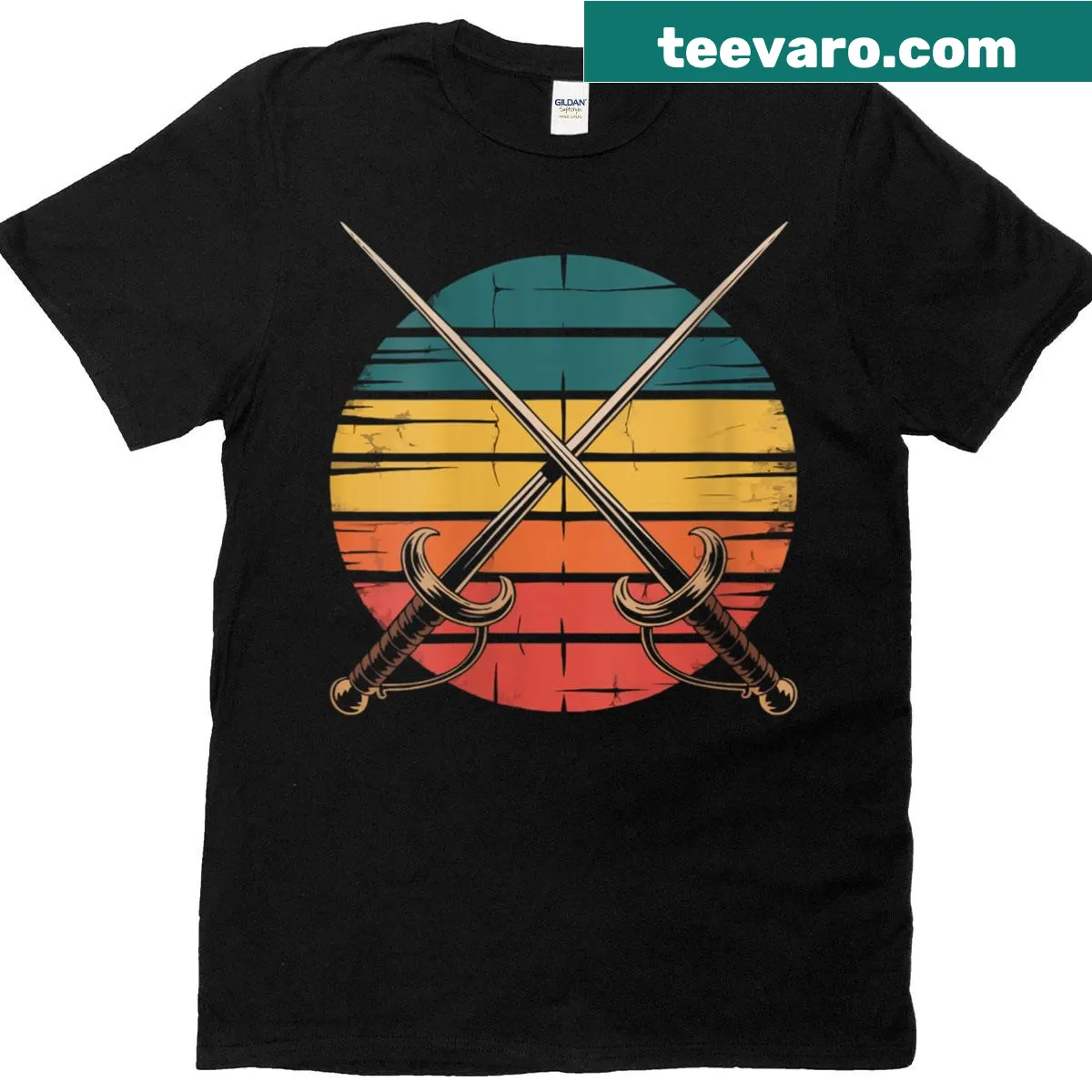 Vintage fencing-themed t-shirt for women — on a men's t-shirt