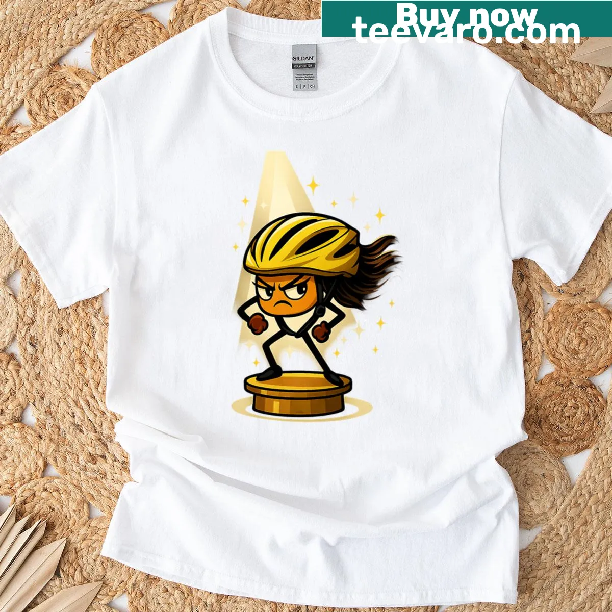 Cartoon t-shirt featuring a character with a yellow helmet — on a men's t-shirt