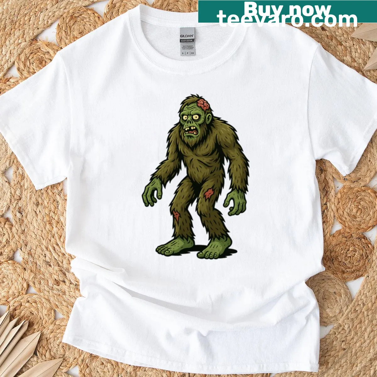 T-shirt featuring 'Zombie Bigfoot' design, a zombie version of Sasquatch — on a men's t-shirt