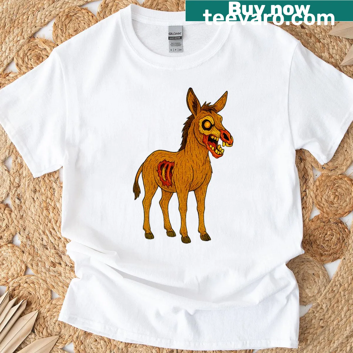 Zombie donkey graphic on a humorous farming-themed t-shirt — on a men's t-shirt