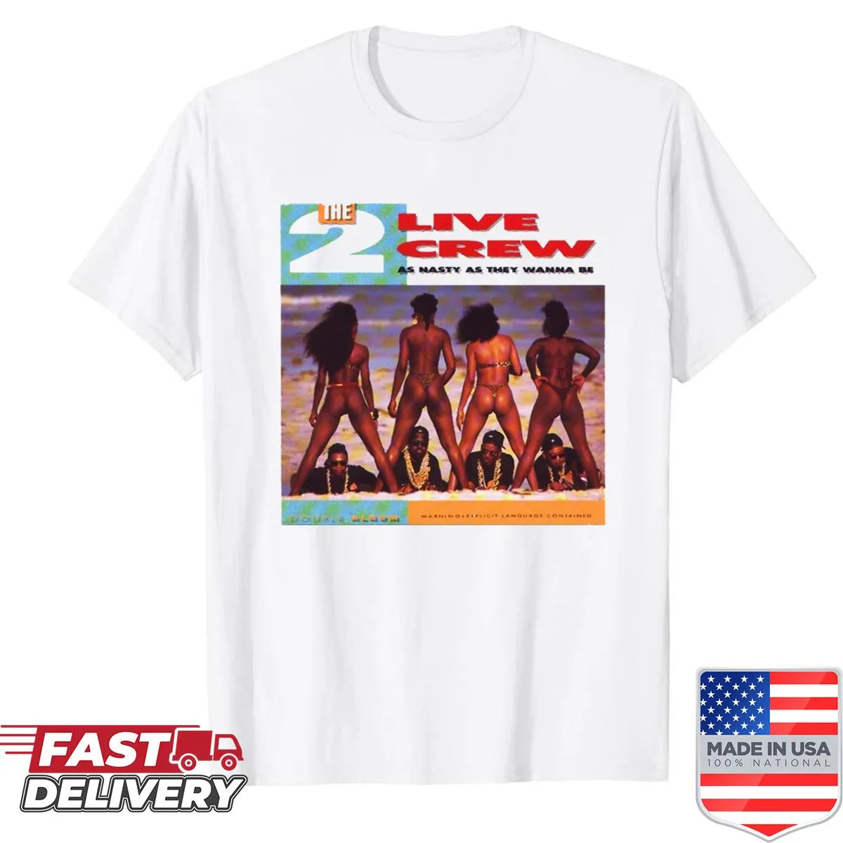 Vintage-style T-shirt celebrating 2 Live Crew with bold text and graphic.