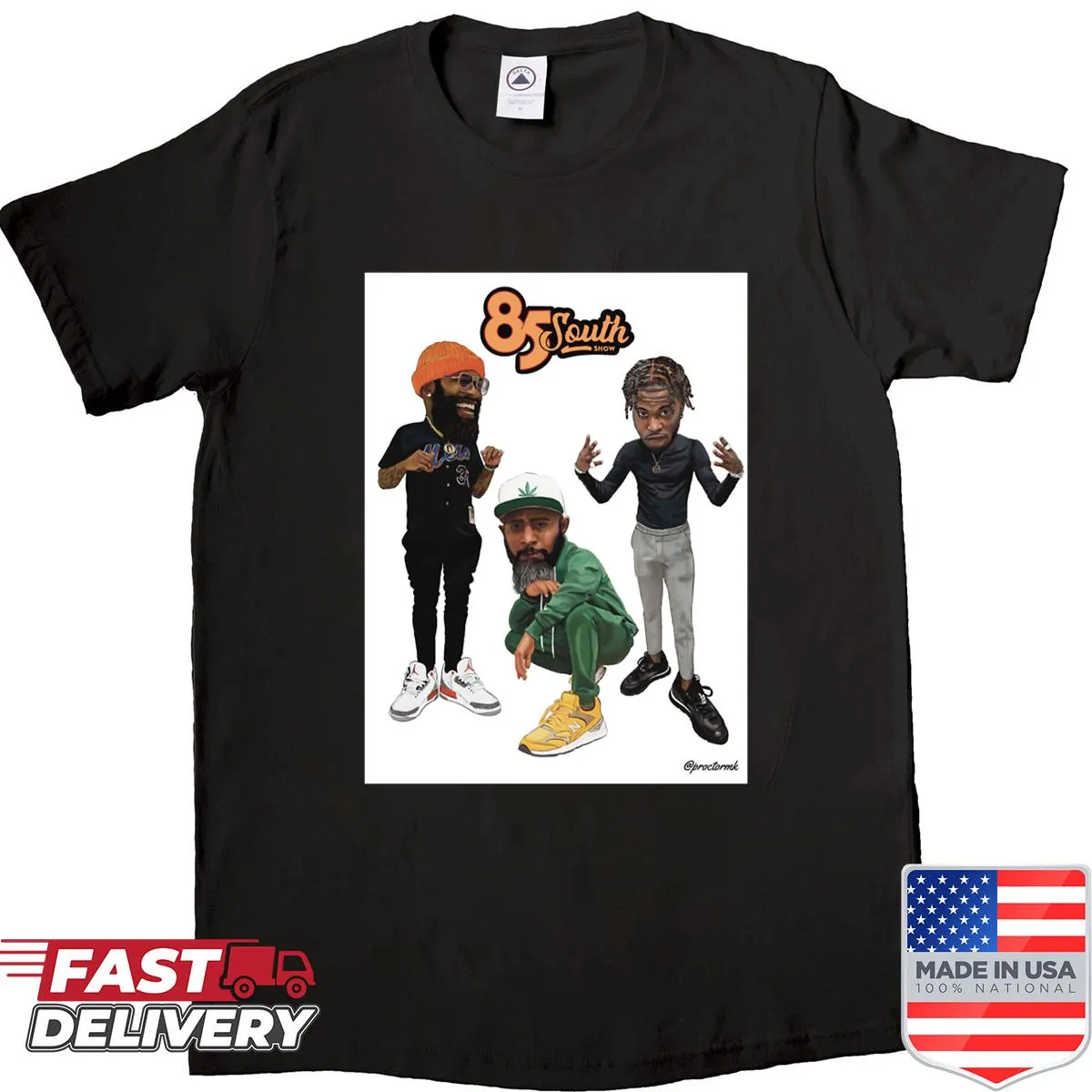 T-shirt featuring the 85 South Show logo