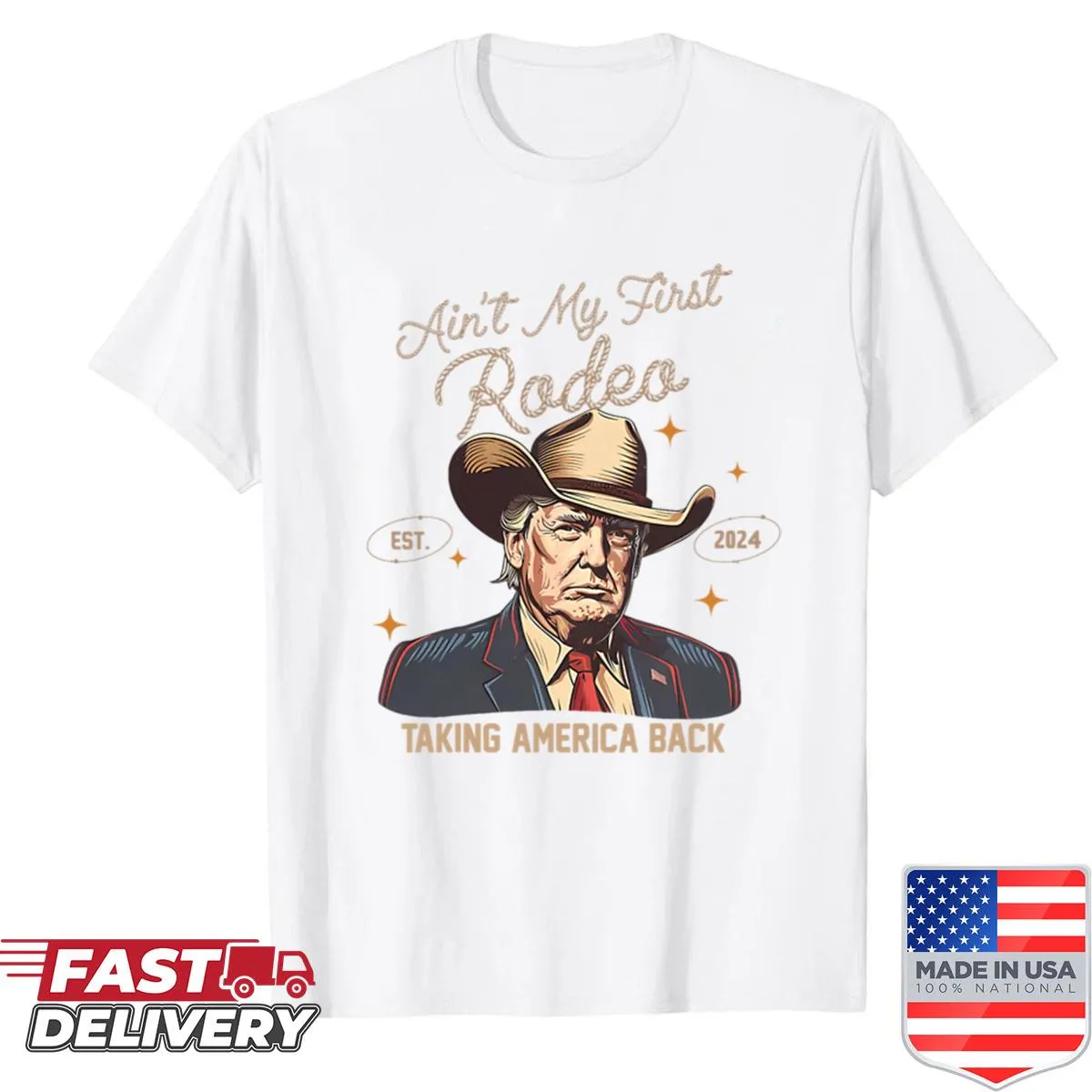 Western-style shirt with 'Aint My First Rodeo' and Trump 2024 design