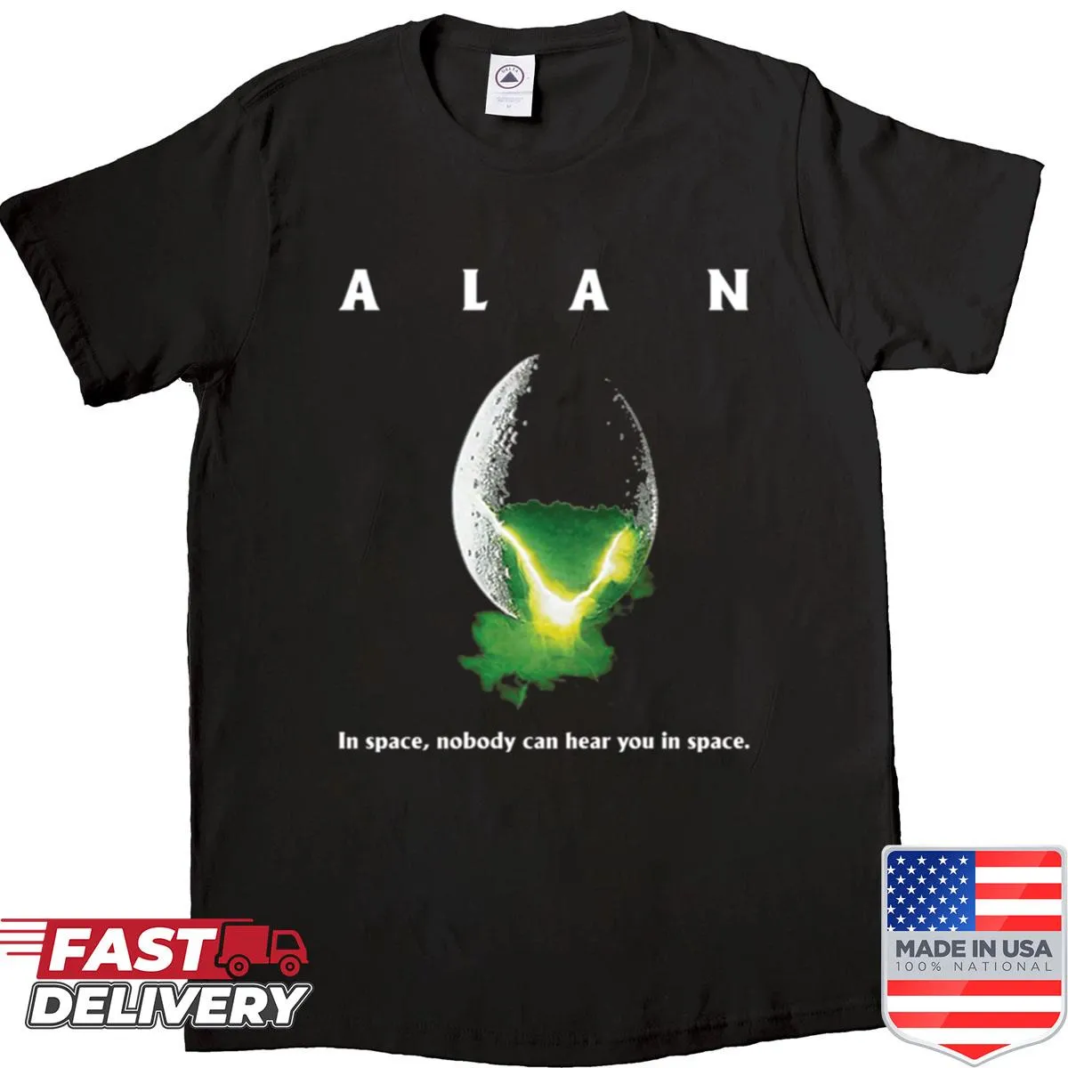 Whimsical shirt featuring Alan in space with humorous text