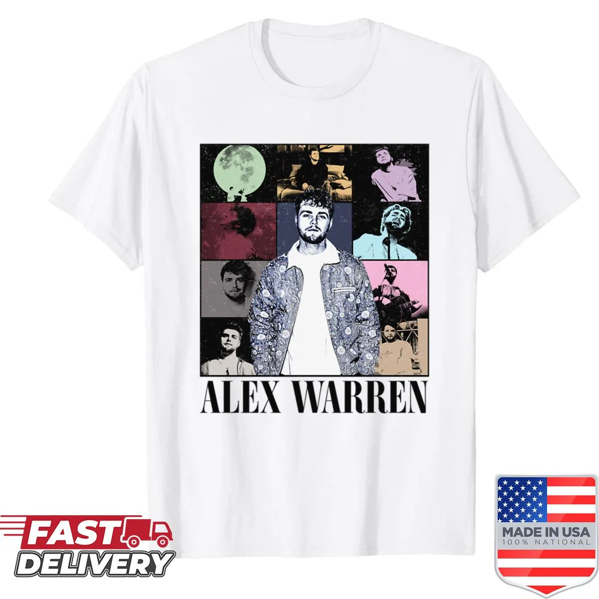 Illustrative shirt celebrating Alex Warren's music tour with text and musical notes