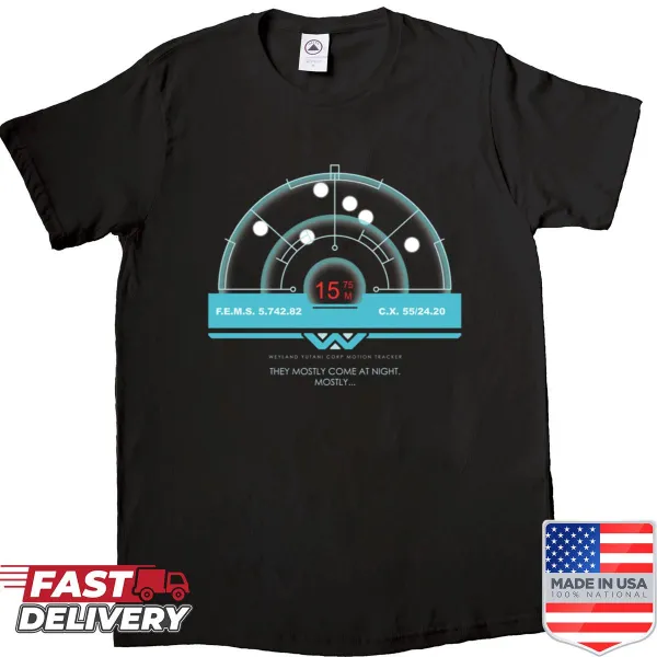 Shirt featuring a motion tracker graphic inspired by alien encounters.