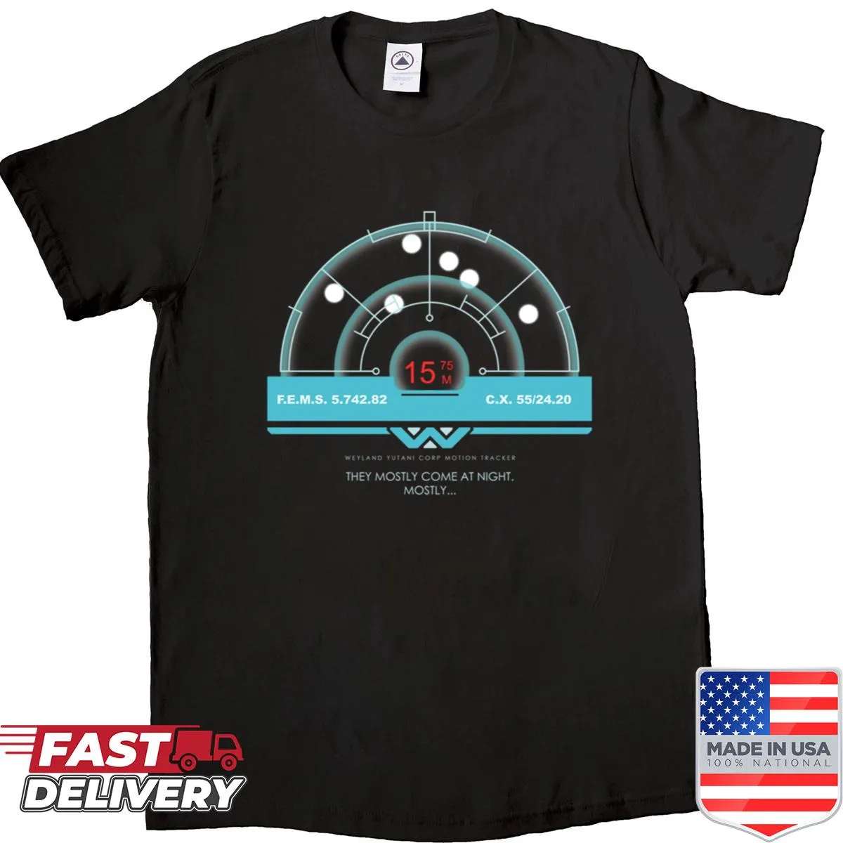 Shirt featuring a motion tracker graphic inspired by alien encounters.