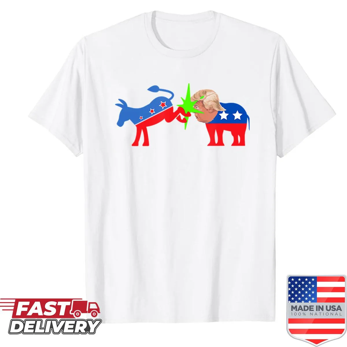 Illustration of a mule kicking an elephant on an anti-Trump shirt.