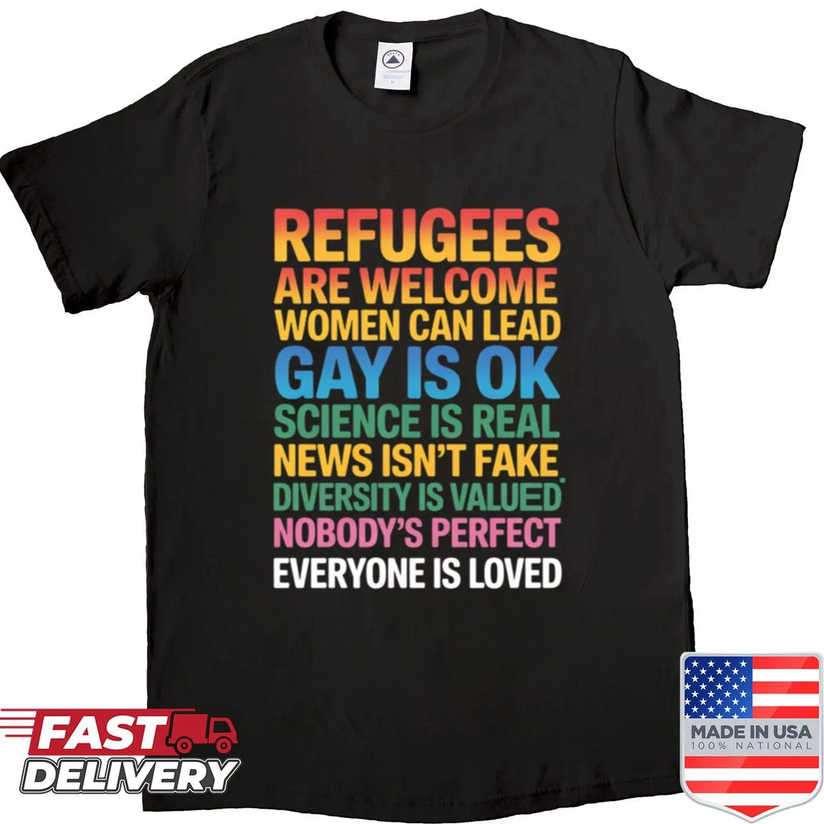 Text-based shirt promoting science and women's rights