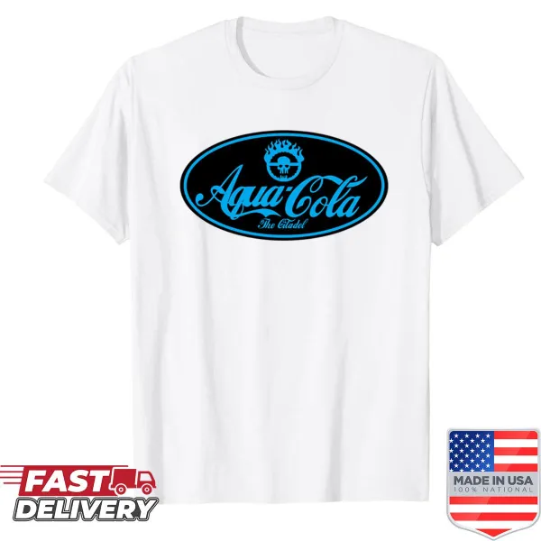 Quirky Aqua Cola shirt with playful beverage-themed typography.