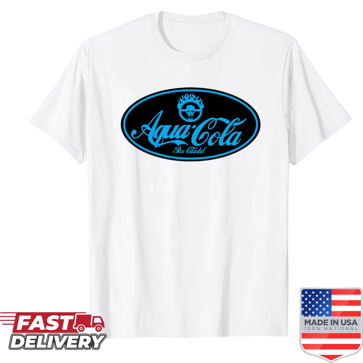 Quirky Aqua Cola shirt with playful beverage-themed typography.