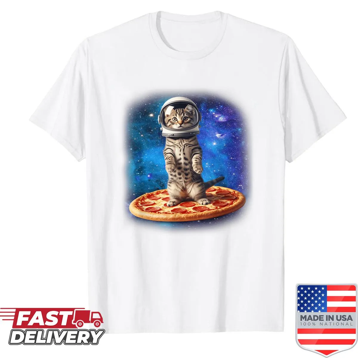 Astronaut cat cartoon holding pizza in space-themed design