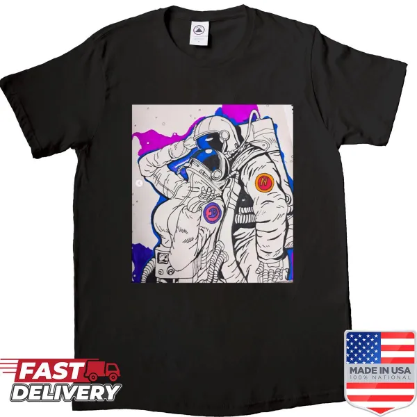 Whimsical shirt featuring astronauts in love floating in space.