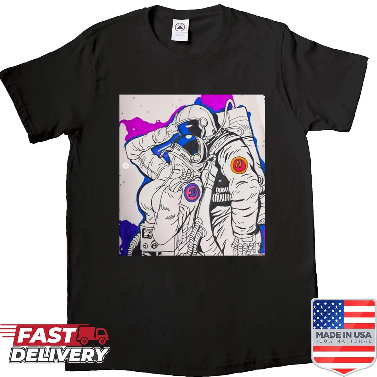 Whimsical shirt featuring astronauts in love floating in space.