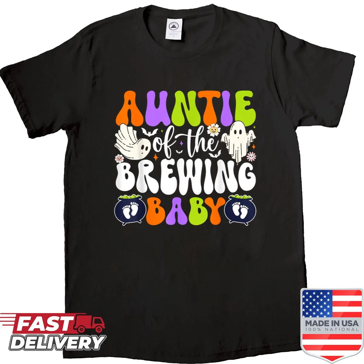 Halloween-themed shirt for aunties featuring spooky illustrations.