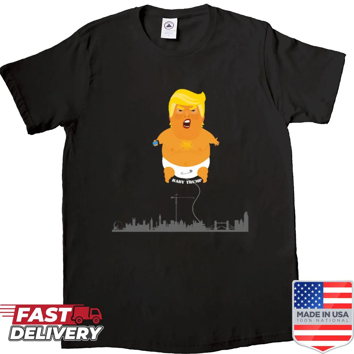 Humorous Baby Trump Balloon graphic over London City