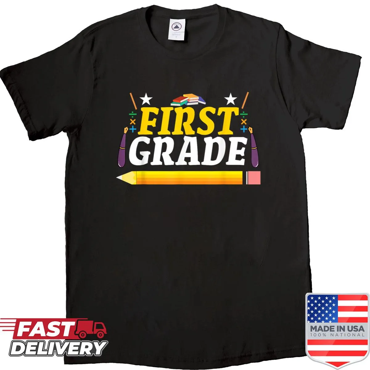 Back to school shirt featuring friendly 'Hello First Grade' graphic