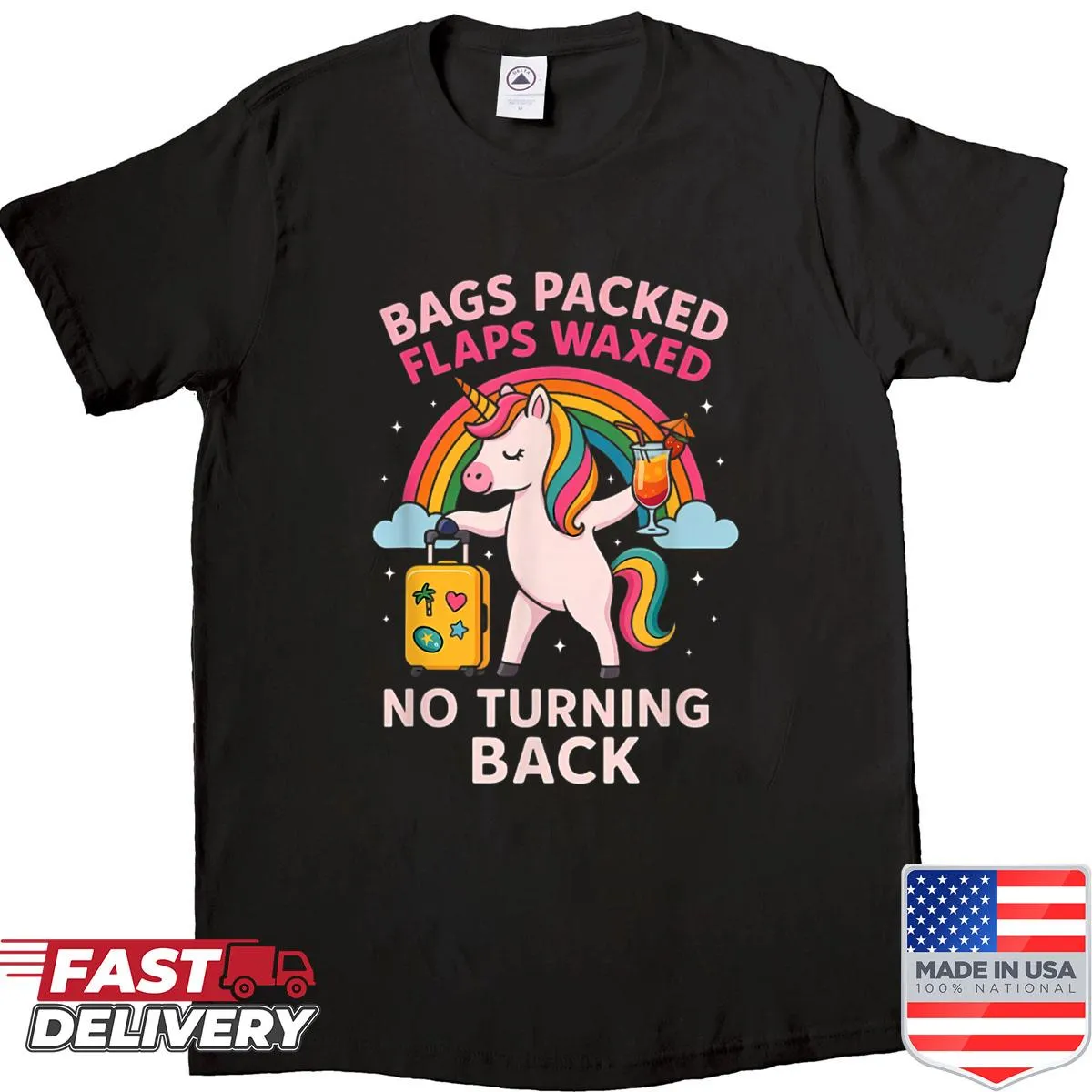 Humorous unicorn graphic T-shirt for travel lovers
