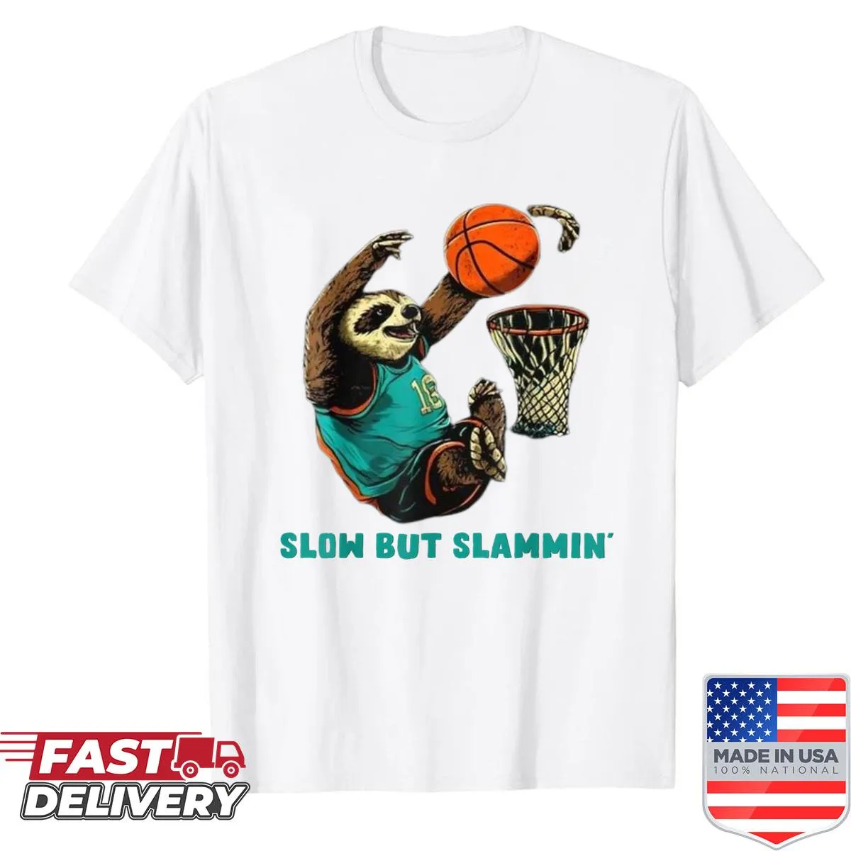 Cartoon sloth dunking a basketball in a humorous illustration.