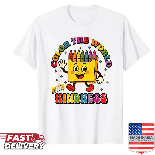 Retro crayon shirt promoting kindness and positivity in a fun design.