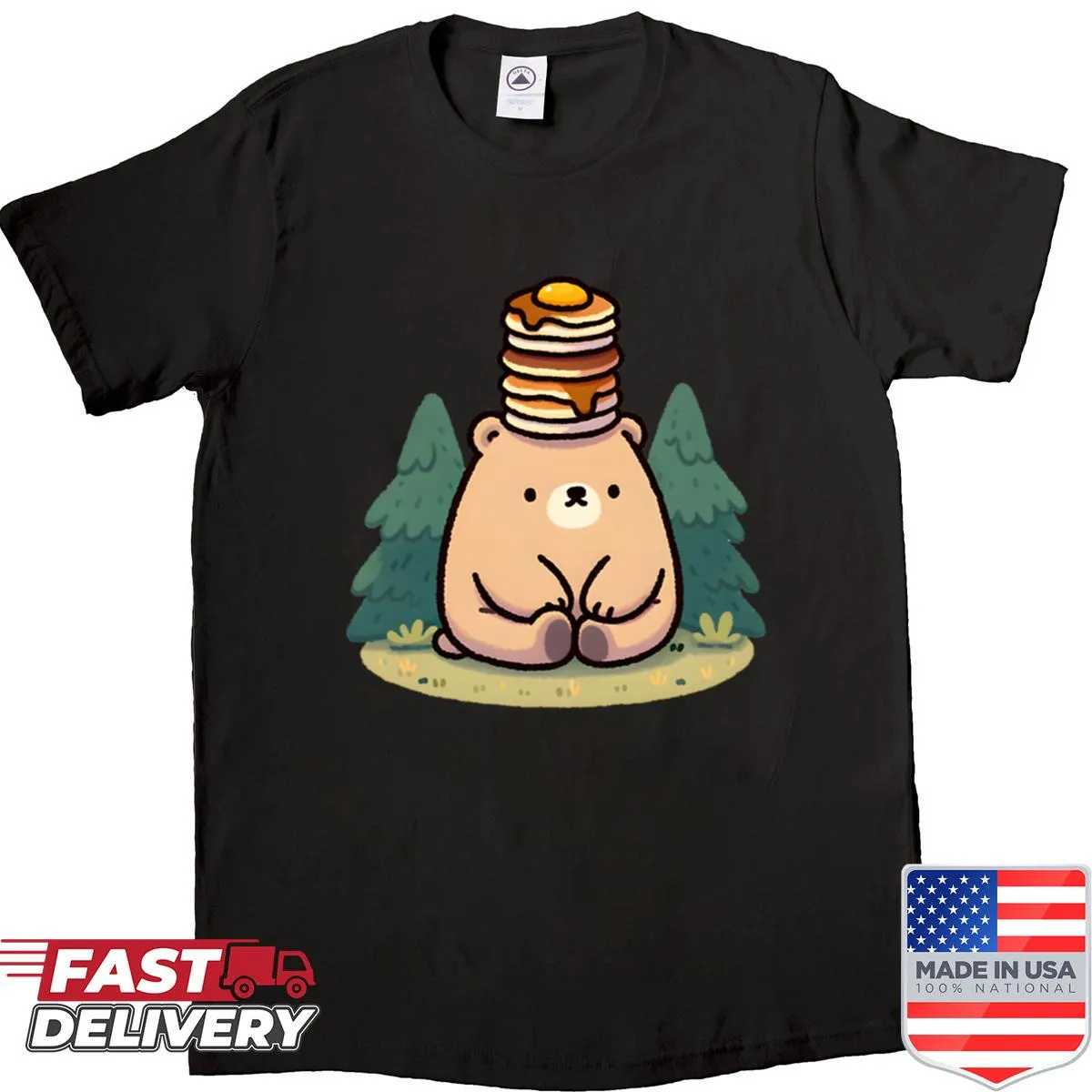Adorable bear balancing a pancake stack on a t-shirt
