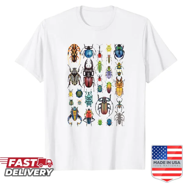 Illustration of various beetles in a collection on a t-shirt