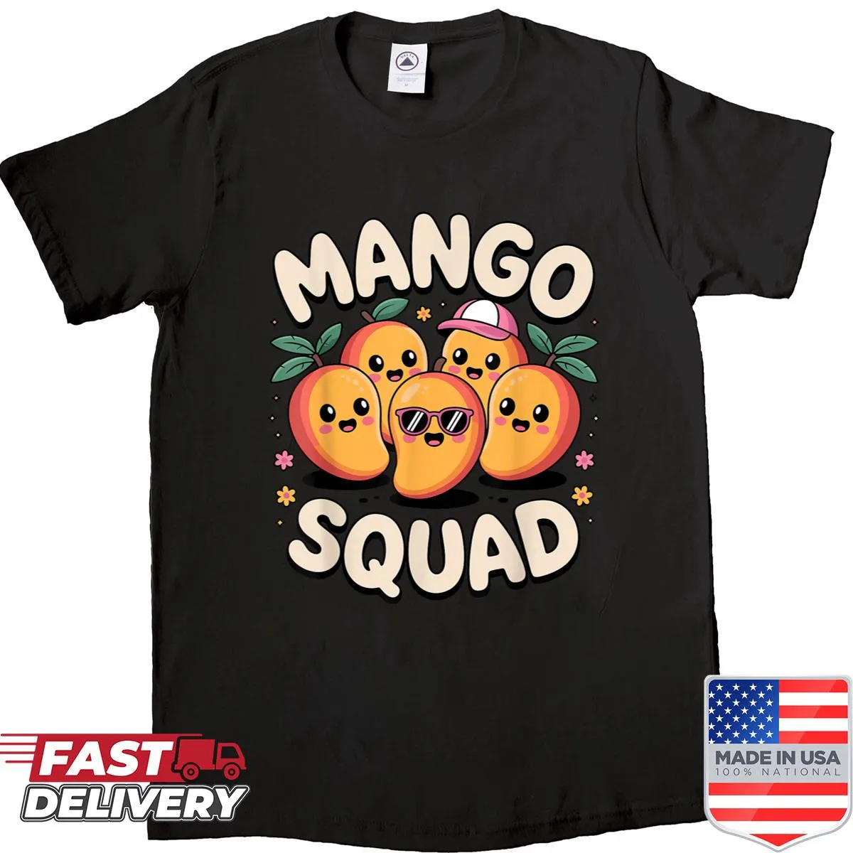 Whimsical mango graphic on a fun fruit-themed shirt.