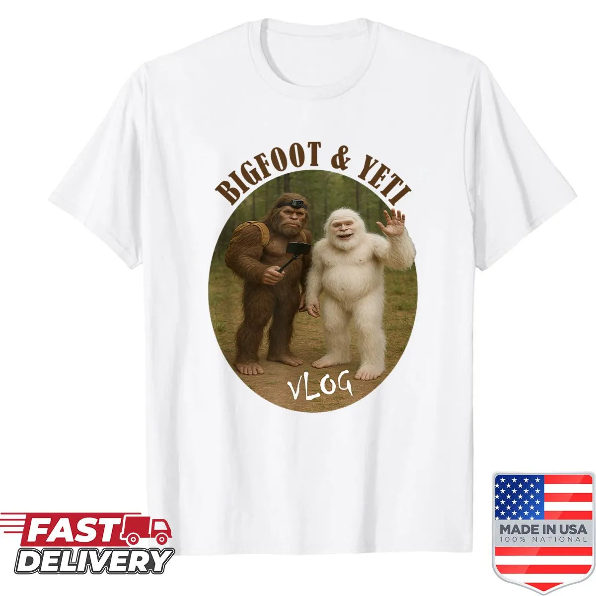 Amusing shirt featuring Bigfoot and a friend with a selfie stick