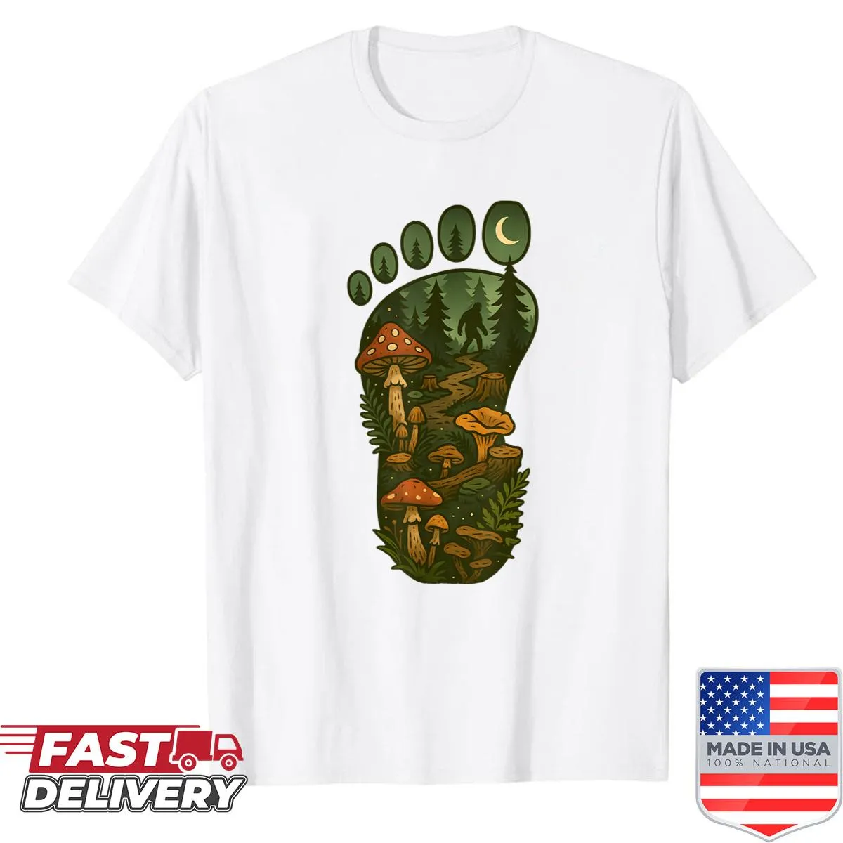 Bigfoot footprint design with mushrooms for nature lovers