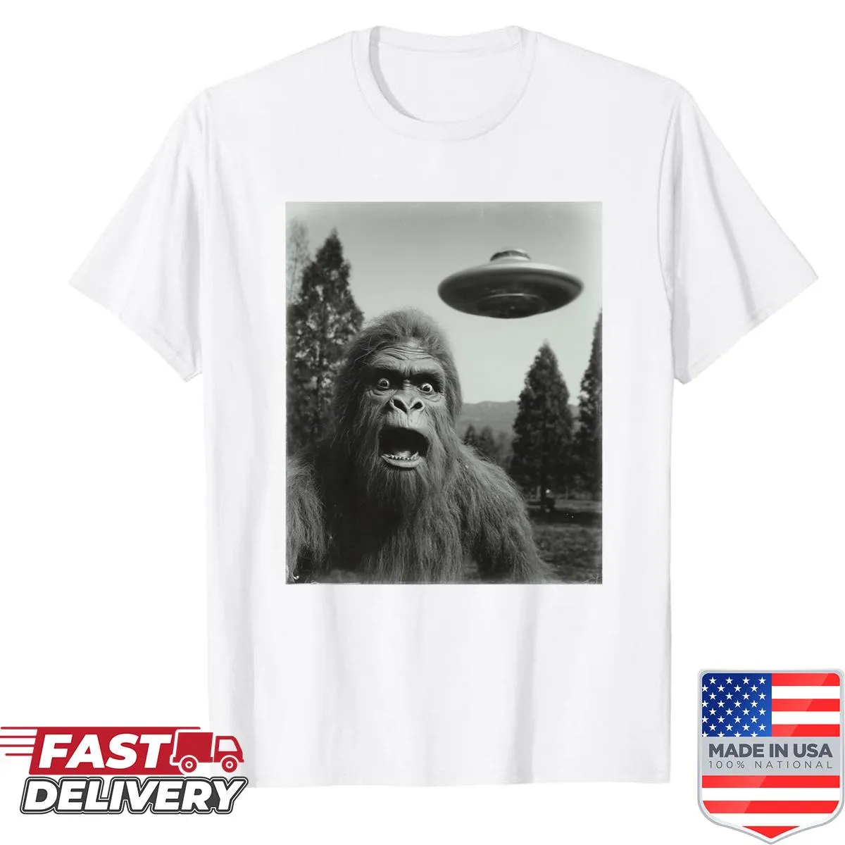 Funny illustration of Bigfoot looking at a UFO in a playful design
