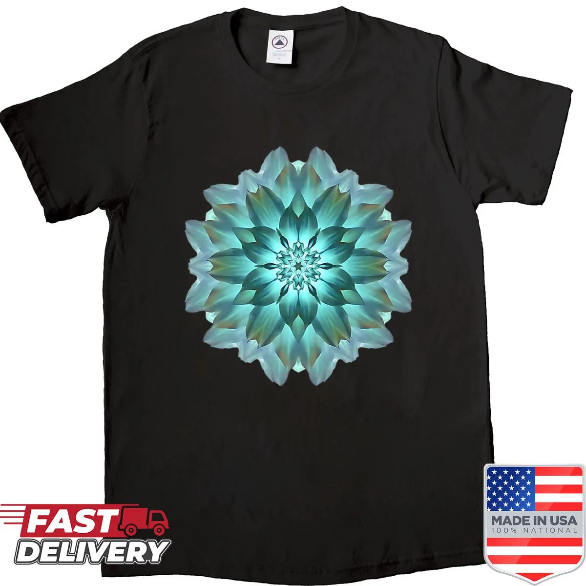 Dahlia flower mandala shirt with an inspirational haiku