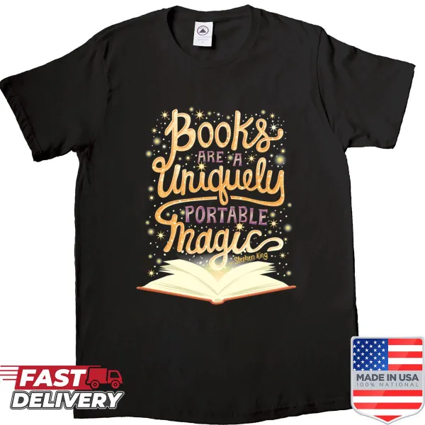 Whimsical shirt celebrating the magic of books with playful typography