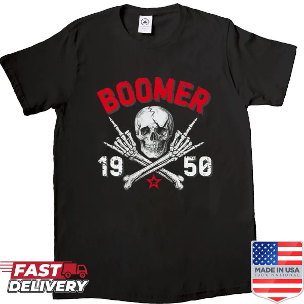 Skull graphic shirt with text 'Boomer 1950 Before All You Sissies Were Born'