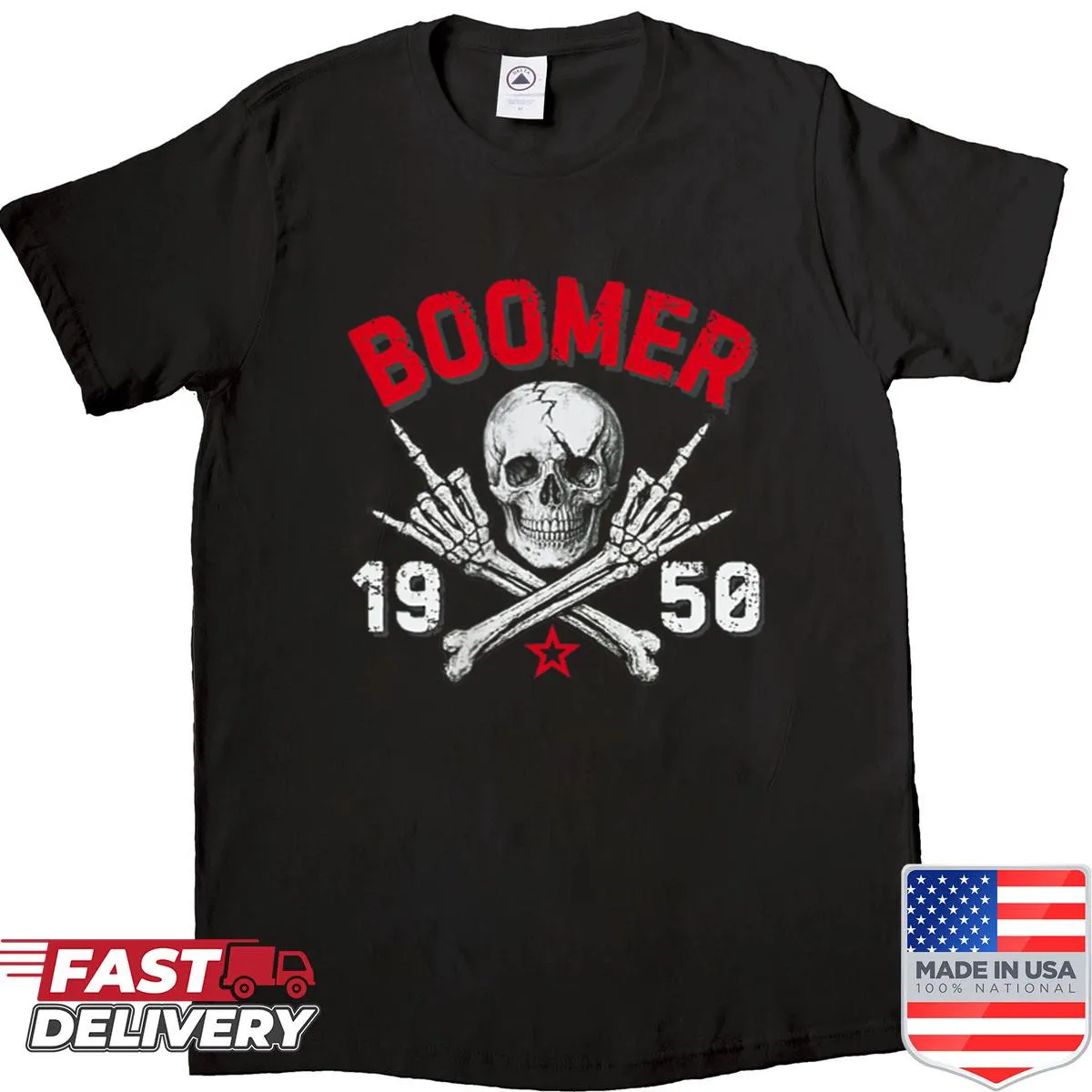 Skull graphic shirt with text 'Boomer 1950 Before All You Sissies Were Born'