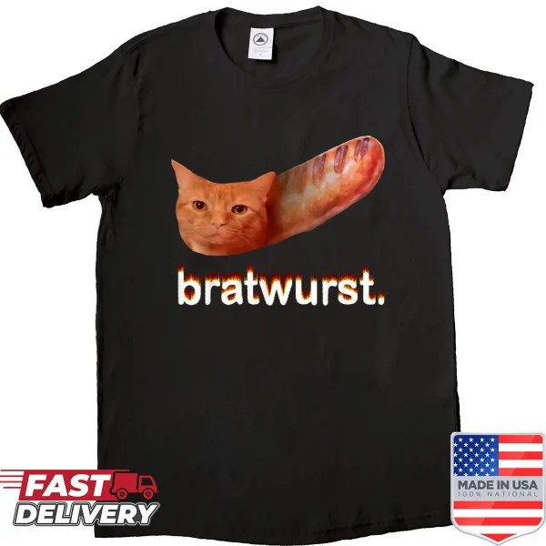 Silly cat meme with bratwurst design on a humorous T-shirt
