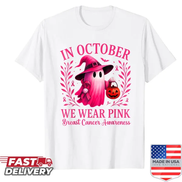 Halloween shirt with breast cancer awareness message in pink