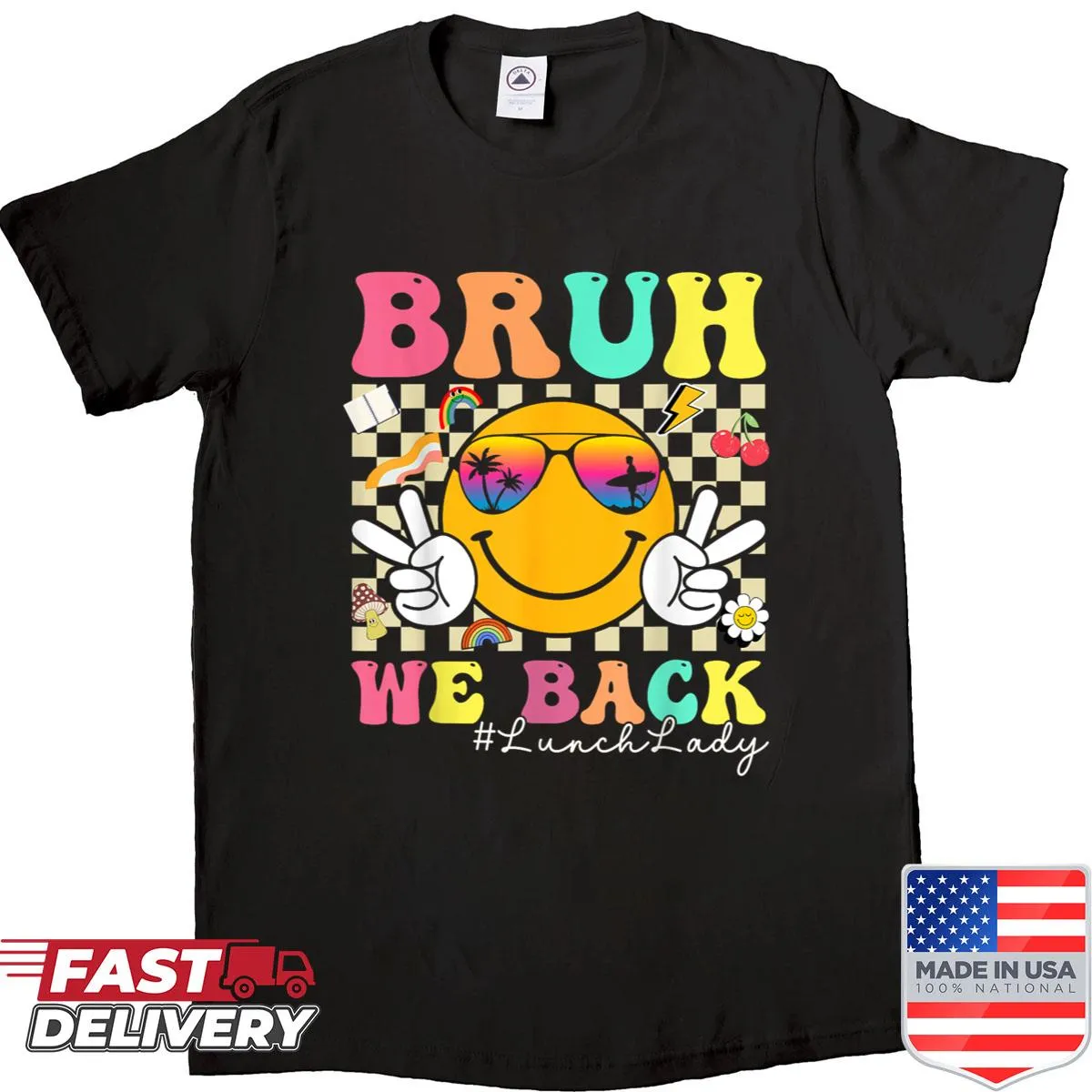 Retro lunch lady-themed back to school shirt with smiley face