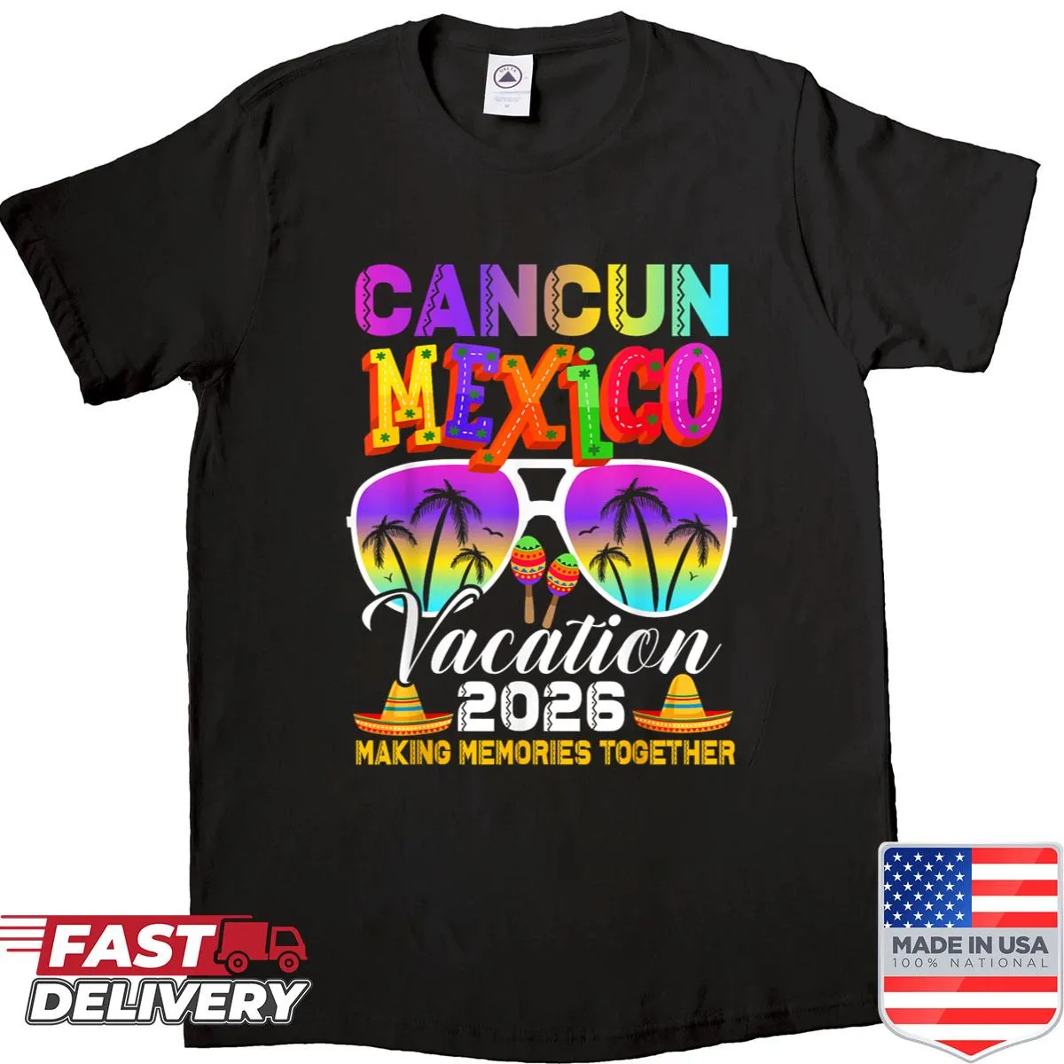 Colorful t-shirt celebrating a Cancun vacation with a beach graphic