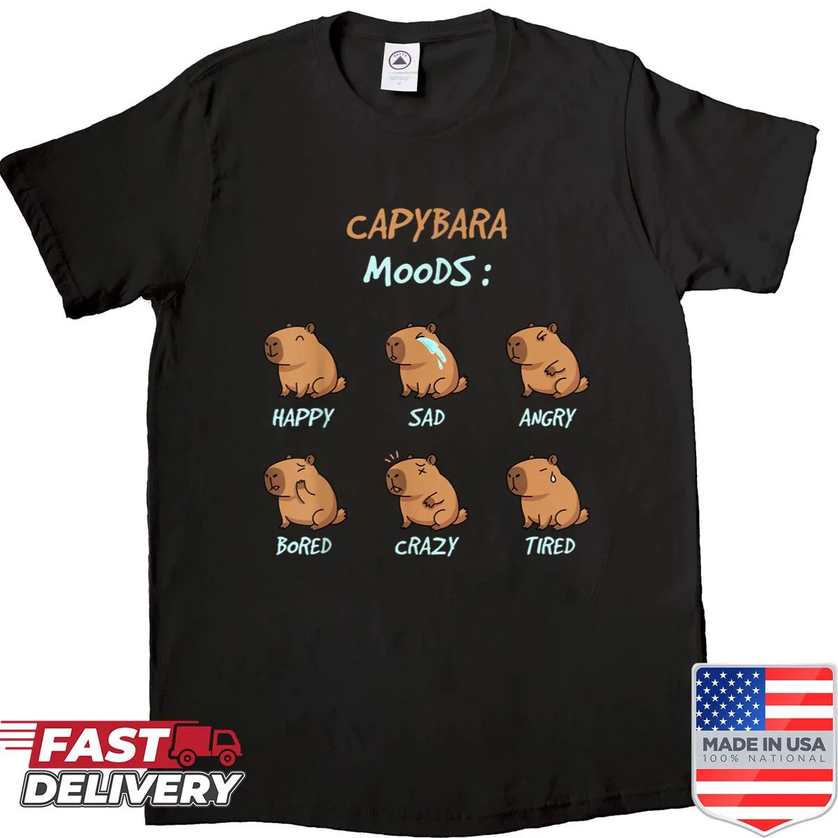 Shirt with illustrations of capybaras expressing different moods