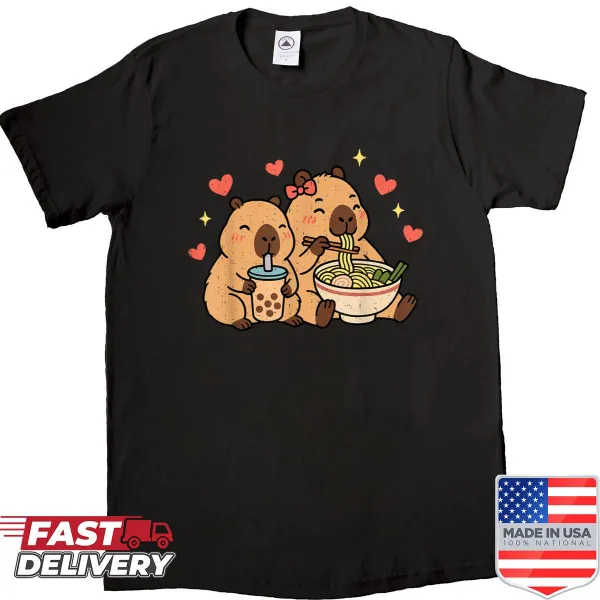 Kawaii capybara graphic enjoying ramen and bubble tea
