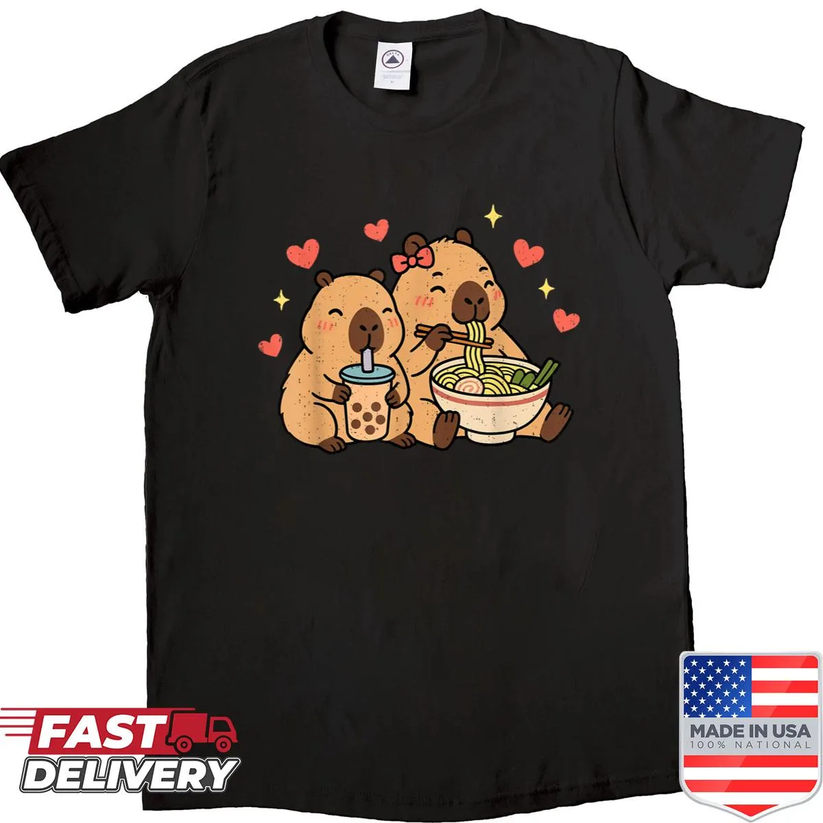 Kawaii capybara graphic enjoying ramen and bubble tea