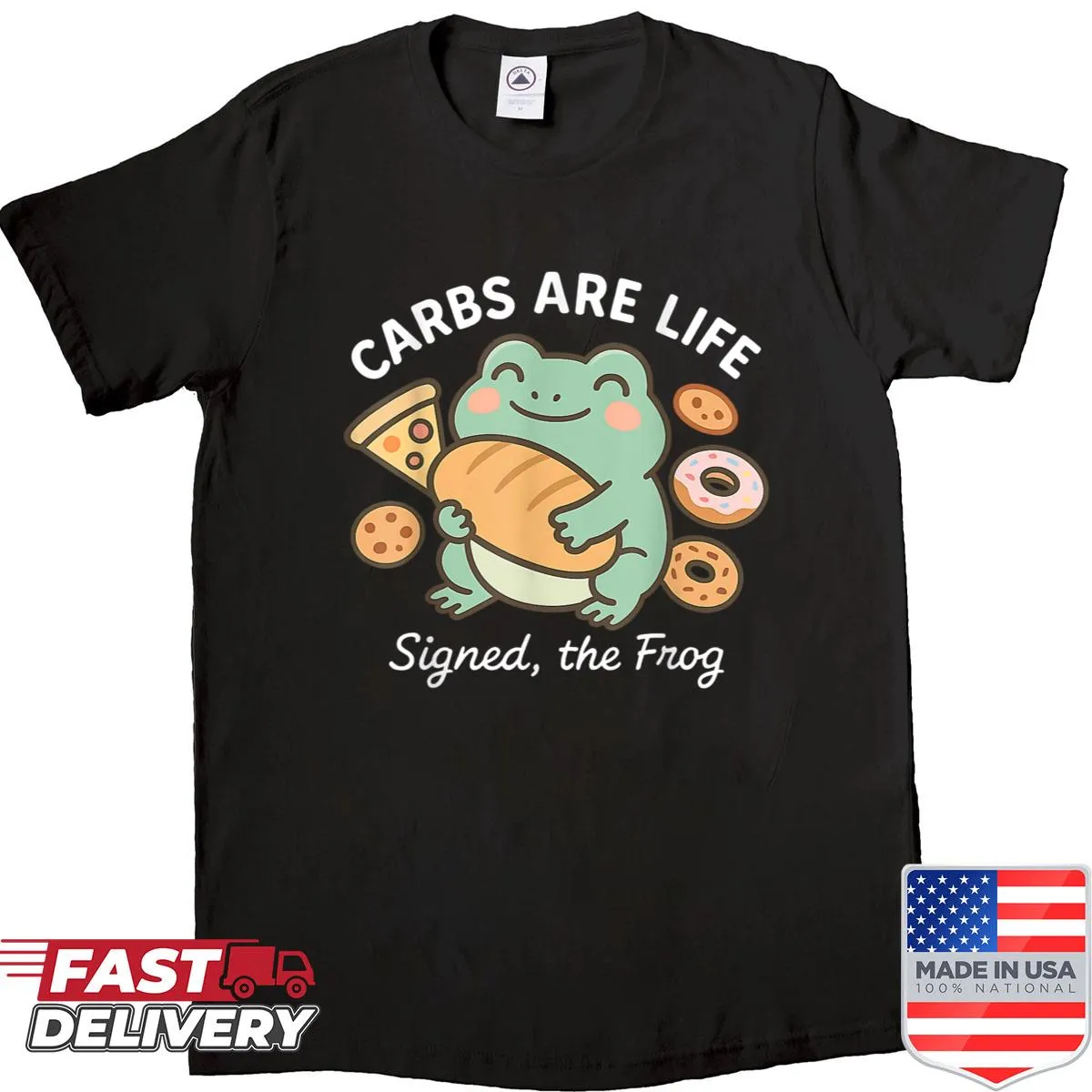 Cute frog shirt with the phrase 'Carbs Are Life' in a fun design