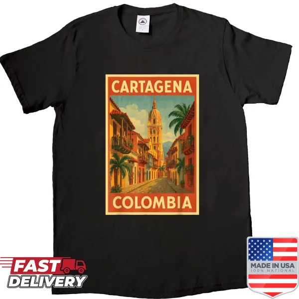 Vintage travel poster-style Cartagena Colombia shirt