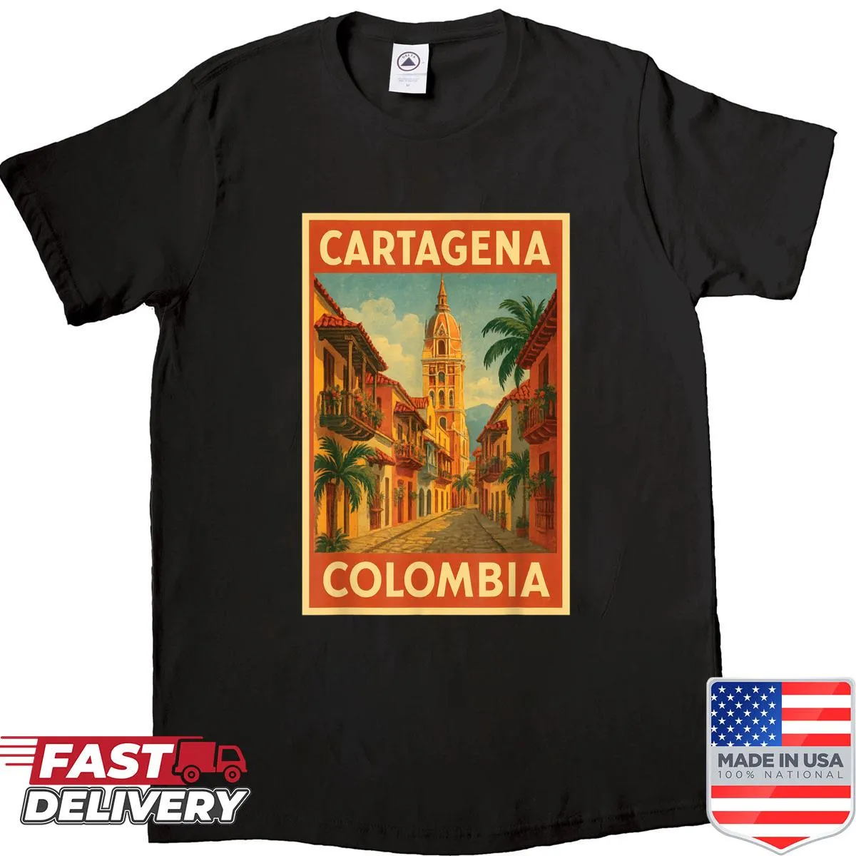 Vintage travel poster-style Cartagena Colombia shirt