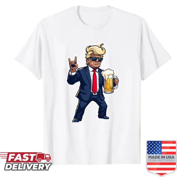 Cartoon Donald Trump shirt with a beer mug in hand