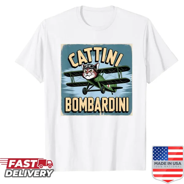 Aviator cat in a plane with text 'Cattini Bombardini'