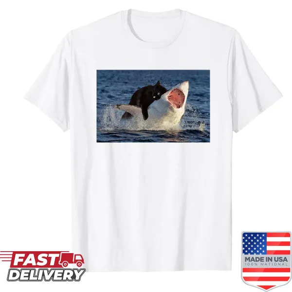 Cartoon cat biting shark meme graphic t-shirt