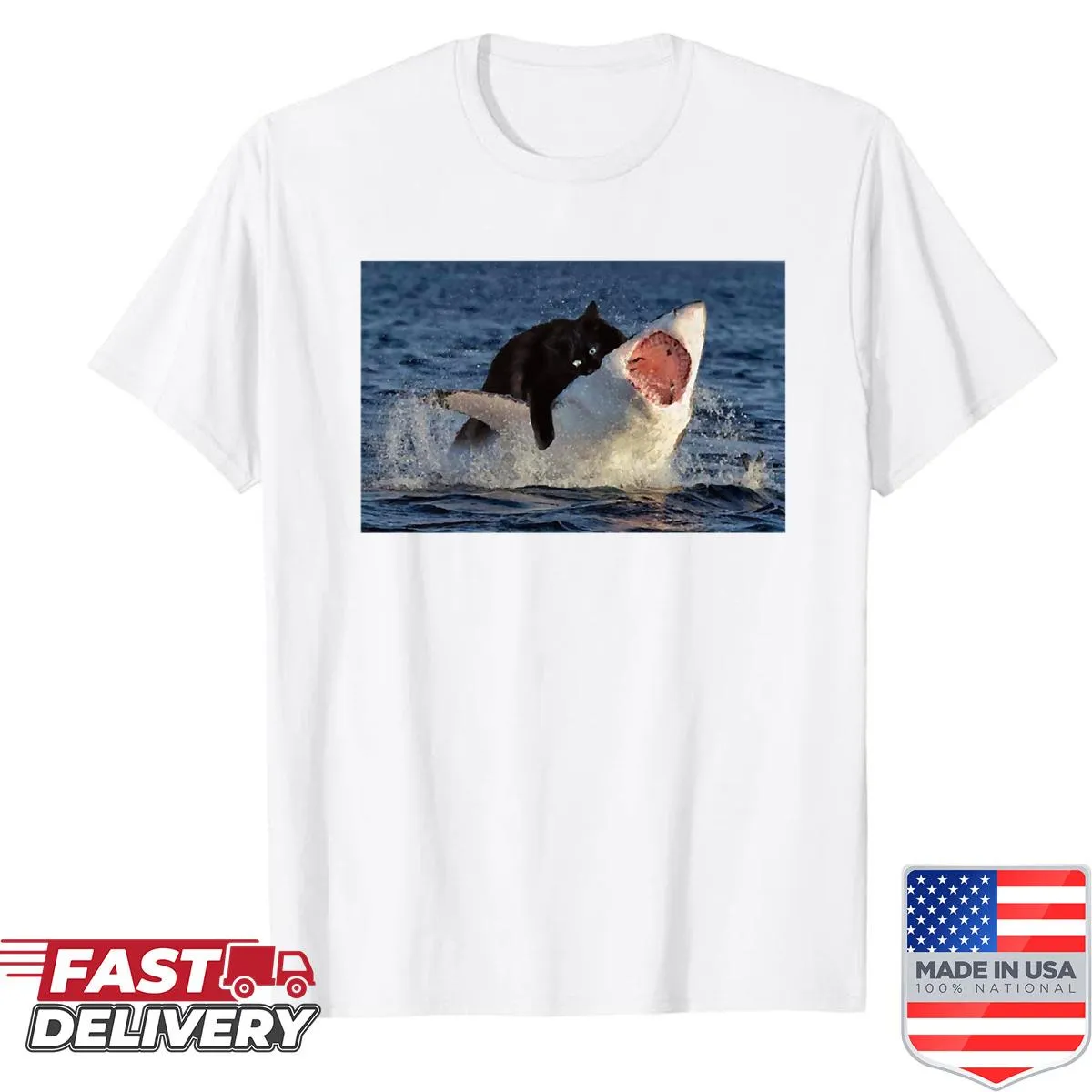 Cartoon cat biting shark meme graphic t-shirt