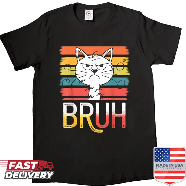 Cartoon cat with 'bruh' text on a funny graphic tee