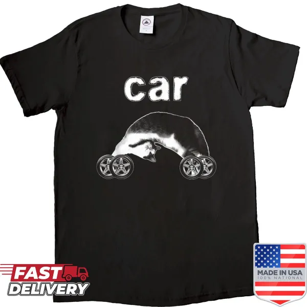 Cartoon cat driving a car graphic on a humorous shirt